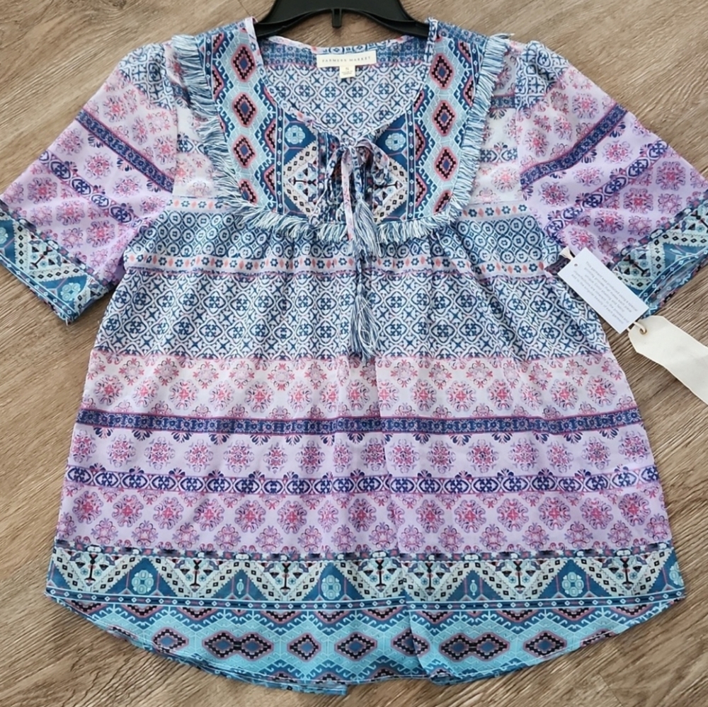Farmers Market Women Sz Small Multicolor Sheer Fringes Patterned Top - NWT